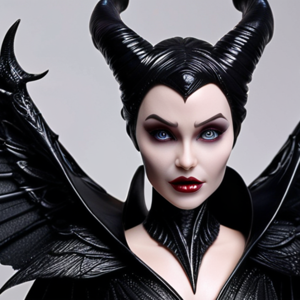 **

Maleficent doll, intricate design, shimmering wings, art piece, dark aesthetic, detailed facial features, 3D printed face, captivating eyes, luxurious texture, collectible item.

**