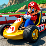 **A vibrant, action-packed scene of Mario racing in a customized kart, showcasing unique tire and glider combinations. The kart should be visually distinct and personalized, perhaps with a sticker or emblem.**