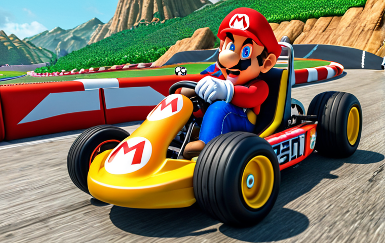 **A vibrant, action-packed scene of Mario racing in a customized kart, showcasing unique tire and glider combinations. The kart should be visually distinct and personalized, perhaps with a sticker or emblem.**