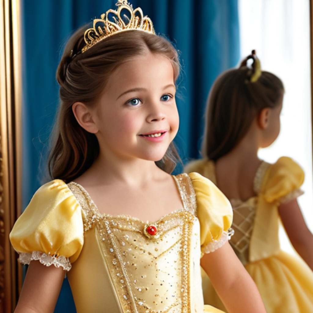**

A little girl wearing a sparkling, elaborate Princess Belle dress with lace and beading, striking a pose in front of a mirror, imagining herself as a fairytale princess. Focus on capturing the joy and imagination in her eyes, with a softly blurred background to emphasize her.

**