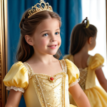 **

A little girl wearing a sparkling, elaborate Princess Belle dress with lace and beading, striking a pose in front of a mirror, imagining herself as a fairytale princess. Focus on capturing the joy and imagination in her eyes, with a softly blurred background to emphasize her.

**