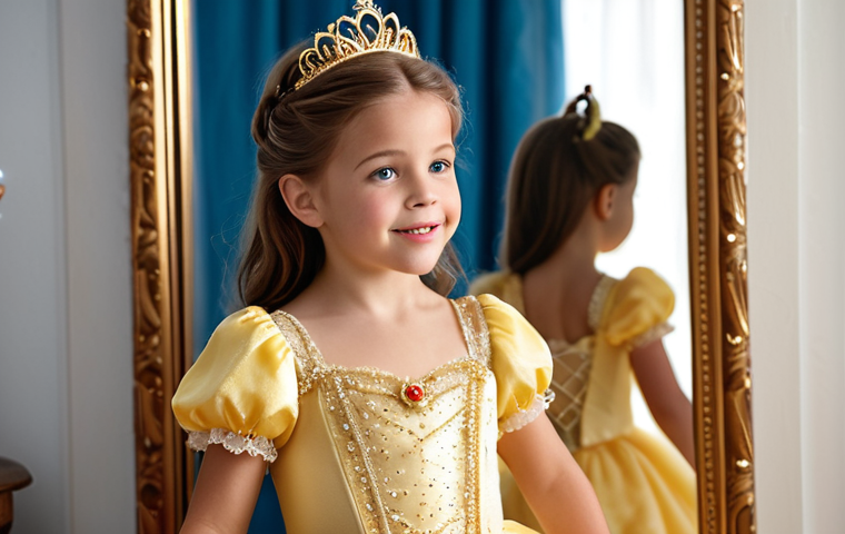 **
A little girl wearing a sparkling, elaborate Princess Belle dress with lace and beading, striking a pose in front of a mirror, imagining herself as a fairytale princess. Focus on capturing the joy and imagination in her eyes, with a softly blurred background to emphasize her.
**
